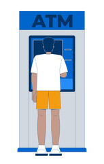 Poster - Back view black man using ATM device 2D cartoon character. African american guy cash withdrawal from automated teller machine flat vector person isolated on white. Spot illustration colorful