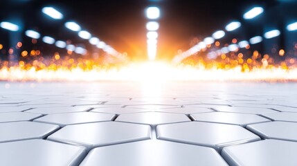 Fototapete - Sci-fi Hexagon Hallway: A futuristic hallway with hexagon-patterned flooring and a bright light at the end, suggesting movement or advancement, evoking a sense of progress and potential.