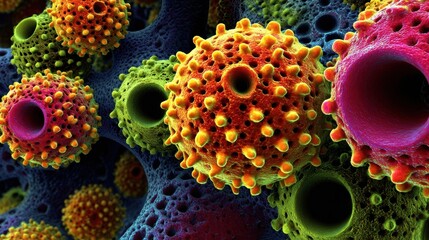 Poster - Abstract representation of virus particles at the microscopic level highlighting vibrant textures and patterns that illustrate the interaction between viruses and host cells in a striking