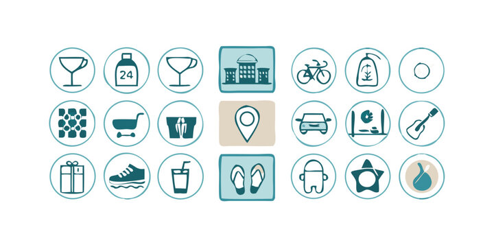Comprehensive collection of lifestyle icons representing various aspects of modern living including travel food technology health and recreation designed for use in web and print