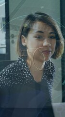 Poster - Animation of data processing over caucasian businesswoman using phone headset in office
