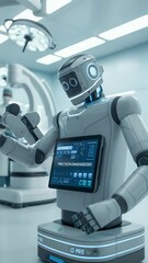 Poster - Medical Robot: Futuristic image of a medical robot inside a hospital setting, showcasing advanced healthcare technology. The robot, designed for precision and care.
