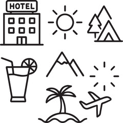 Fototapete - summer travel icon set. holiday tour icons for app and website containing hotel sun camp mountain drink plane island line art vector illustration 