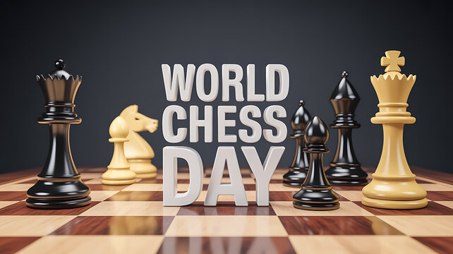 Photo of 3d rendering of a chessboard with pieces and the words world chess day