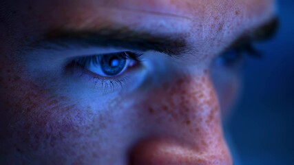 Poster - Close up of face of focused male professional working late at night, illuminated by computer screen light, showing concept of dedication, concentration, and late night work