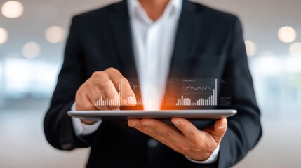 Poster - Business Technology and Insights: A modern professional navigates a digital tablet, displaying intricate business data. The image encapsulates technological prowess and strategic insight.