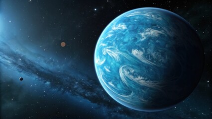 a vibrant blue exoplanet with swirling clouds and distant celestial bodies in a star filled nebula