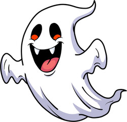 Poster - A white Halloween cartoon ghost with a wide smile revealing sharp fangs.