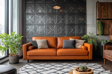 Poster - Rustic furniture positioned against a decorative metal 3D panel wall, adding industrial charm to a modern living room, Generative AI
