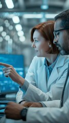 Poster - Scientists Collaborating on Research: Two dedicated scientists, a man and a woman, intently review data on a computer screen, deeply engrossed in their collaborative research.