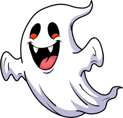 Poster - A white Halloween cartoon ghost with a wide smile revealing sharp fangs.