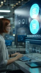 Poster - AI Diagnostics at Work: A focused technician, immersed in the world of artificial intelligence, diligently analyzes data on high-tech screens, her expertise shaping the future.