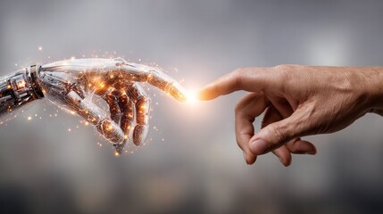 Poster - human and machine: a striking image of human hand touching a robot hand, with sparks and light, expl