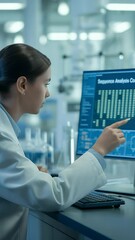 Poster - Decoding the Code: A dedicated scientist meticulously analyzing complex data on a computer screen within a modern laboratory setting, showcasing innovation.
