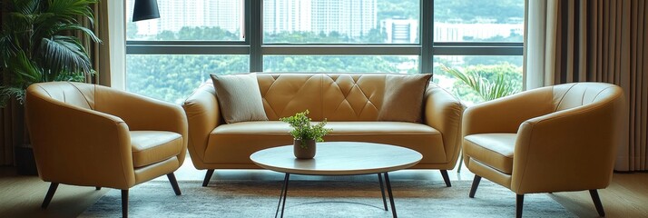 Poster - Beige leather sofa and armchairs positioned against a window, showcasing luxury interior design for a modern living room, Generative AI