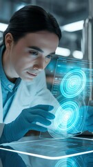 Poster - Scientific Innovation: A focused scientist meticulously examines a futuristic holographic display, embodying innovation, cutting-edge research.