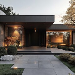 Poster - Minimalist exterior design of a house entrance with a Memphis-style influence, Generative AI