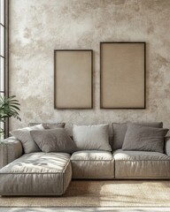 Poster - Gray sofa placed near a beige stucco wall with a poster, perfect for a minimalist modern living room design, Generative AI