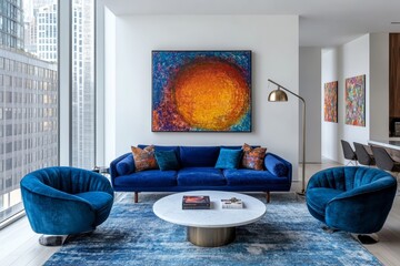 Poster - Blue sofa paired with barrel chairs, complemented by a floor lamp, against a white wall with art wall decor. Mid-century modern design for a modern living room, Generative AI