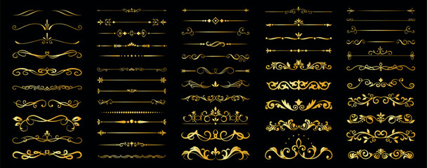 Fototapete - Set of luxurious golden vintage dividers with ornamental flourishes and scrolls, perfect for wedding invitations, branding, certificates, and decoration.