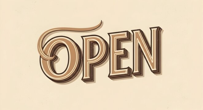 Open word in vintage 3D typography style. Business sign for store, shop, cafe, or restaurant showing availability and readiness to serve customers.