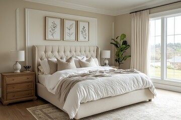 Poster - Minimalist interior design of a modern bedroom with clean lines and neutral colors for a serene space, Generative AI
