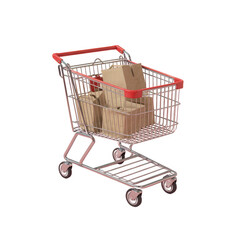 Fototapete - Chrome shopping cart filled with brown paper bags and cardboard boxes on a pastel pink background isolated on transparent background