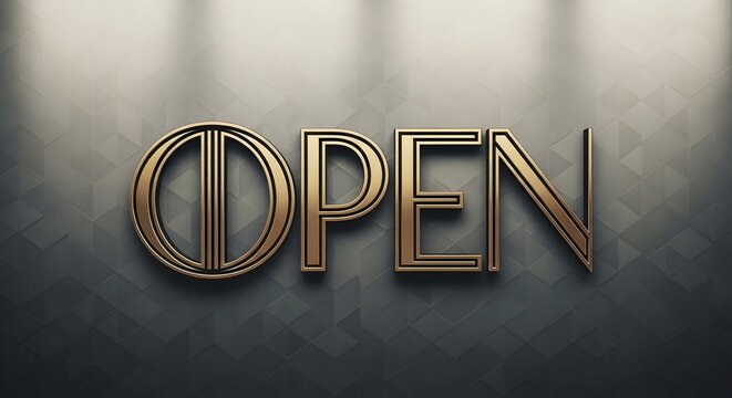 Golden 3d text open on a textured dark wall. Business, commerce, and availability concept for store, shop, and online message.