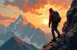 © starush - A climber hiking along a rugged mountain ridge during a vibrant sunset scene