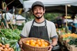© Marry Cloud - Organic farming entrepreneur holding harvest basket, preparing fresh produce for sale at local organic market, Generative AI