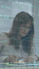 Poster - Animation of stock market data processing against thoughtful caucasian woman taking notes at office