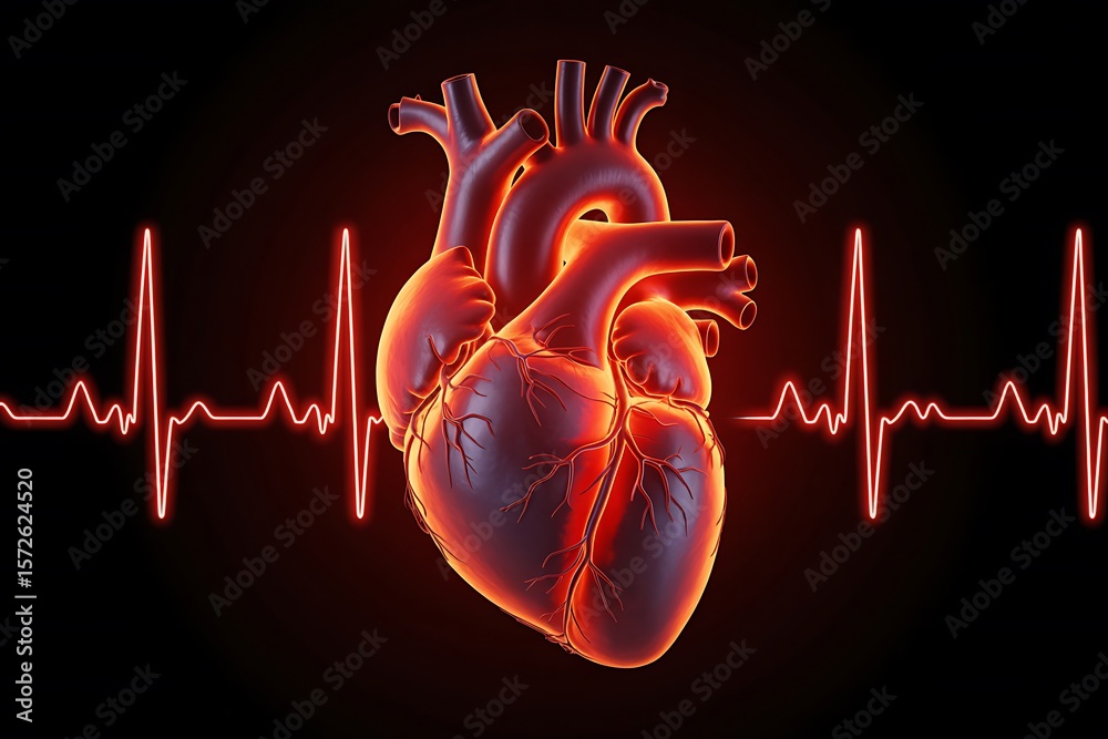 Glowing human heart with red neon ekg line on black background Stock ...