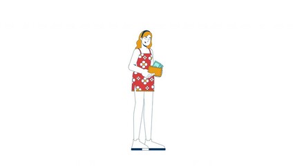 Poster - Blonde woman in floral dress putting money into wallet 2D character animation. Cash handling. Caucasian female shopper saving finance animated person cartoon 4K video isolated on white transparent