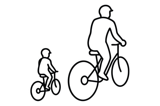 A line art of a father and child riding bicycles vector illustration