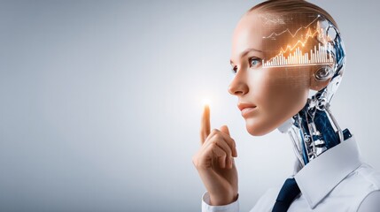Poster - Technological Integration: A visionary depiction of a human-robot hybrid, showcasing an elegant integration of artificial intelligence with human consciousness.