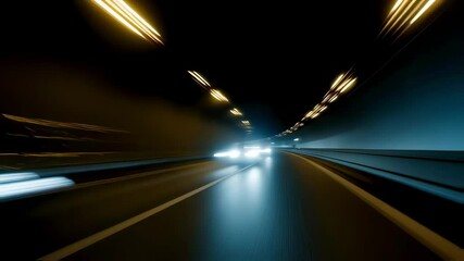 Poster - Light trails streaming from a car racing through a dark tunnel at night, capturing the exhilarating essence of speed and motion, while illuminating the surrounding infrastructure