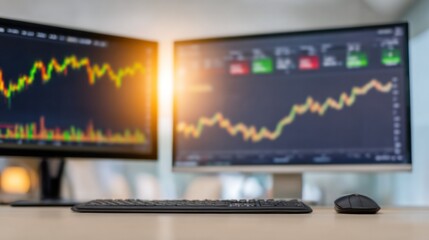 Poster - Market Analysis at Work: A focused shot capturing the intricate world of stock market analysis, the scene showcases two computer screens displaying dynamic financial charts.