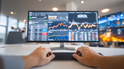 Poster - Stock Analysis on Screen: A trader analyses stock market data on a computer screen, fingers poised on the keyboard, ready to execute the next financial move.