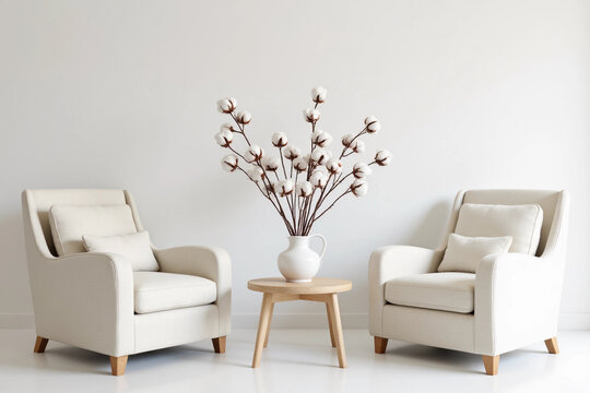 two comfortable white armchairs next to coffee table and cotton branches in vase, modern living room. 3d rendering.