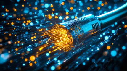 Aufkleber - Fiber optic cable transmitting data with vibrant light effects in a dark environment