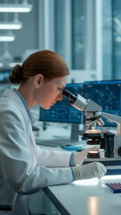 Poster - Scientific Discovery: A dedicated scientist, focused and determined, peers into a microscope within a modern laboratory setting.