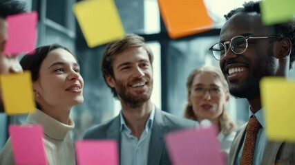Aufkleber - Engaging team meeting scene featuring business professionals passionately sharing insights surrounded by an array of colorful sticky notes mapping out their collaborative strategy for