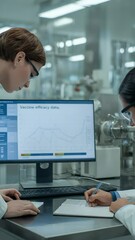 Poster - Scientists Collaborating in Lab: Focused scientists analyze data on a computer screen and takes notes, collaborating in a modern laboratory, symbolizing scientific progress and research.