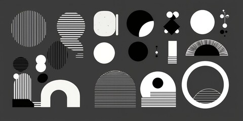 Poster - A minimalist geometric composition with circles, lines, and abstract shapes on gray on transparent background
