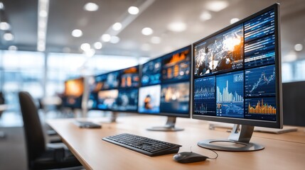 Poster - Tech Control Panel: A row of computer monitors displays complex data and information, offering a glimpse into advanced technology and the ever-evolving digital landscape.