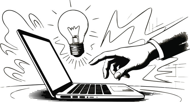 A black and white sketch depicts a hand reaching towards a laptop screen with a glowing lightbulb above symbolizing a bright idea or innovation