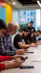 Poster - Group of colleagues engaged in a mobile device workshop in a modern office setting during the afternoon