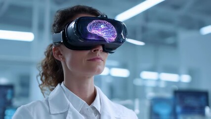 Poster - Female scientist using vr headset to explore brain simulation in a modern laboratory, highlighting technological advancements in neuroscience and virtual reality applications