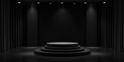 Poster - A dimly lit stage with a tiered platform and dark curtains in a theatrical setting on transparent background