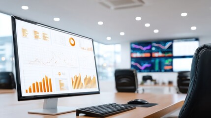 Poster - Conference room with financial data: Conference room featuring financial data analysis charts and graphs on a large monitor, showcasing real-time insights for data-driven business decisions.
